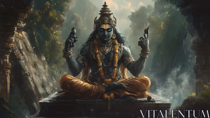 Serene blue deity in lotus pose amid ancient stone ruins.