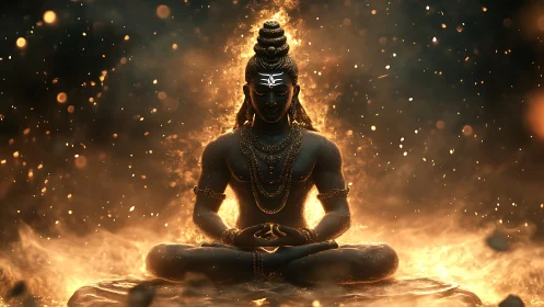 Meditating deity figure sits in lotus amid glowing fiery aura