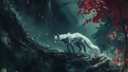 White spirit fox under moody forest canopy at dusk.
