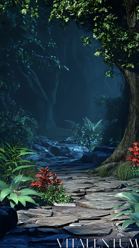 Forest cave with stream and bioluminescent undergrowth