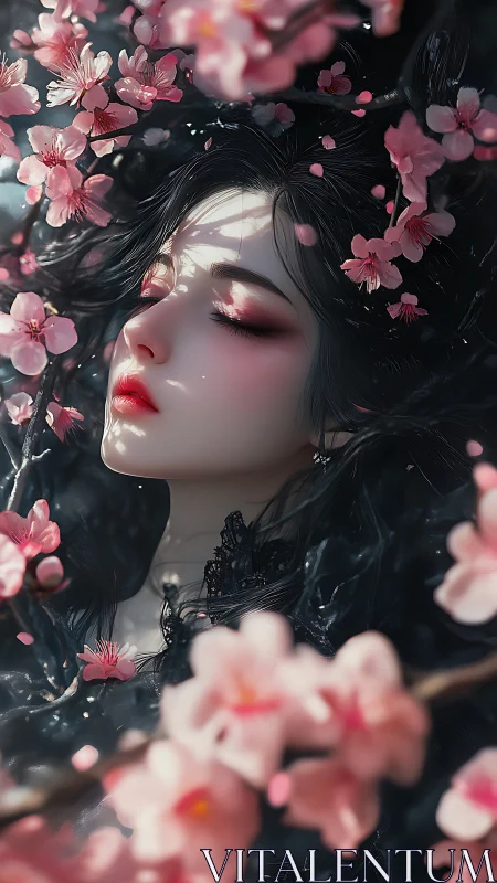 Dreaming woman rests beneath drifting cherry blossoms in bloom
