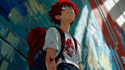 Injured red haired boy with backpack stands under harsh skylight