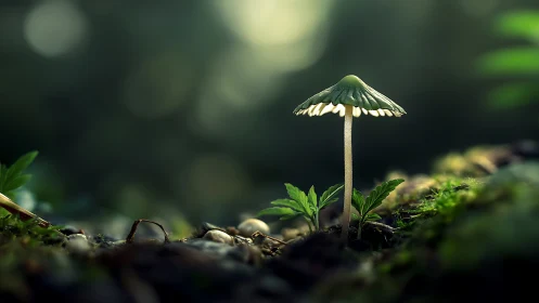 Solitary forest mushroom stands in shallow depth of field