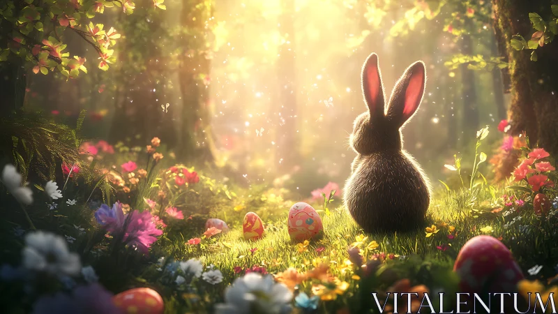 Digital woodland vignette with rabbit and luminous eggs.