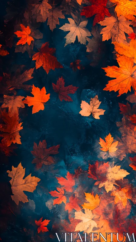 Glowing autumn leaves drifting over deep twilight blue.