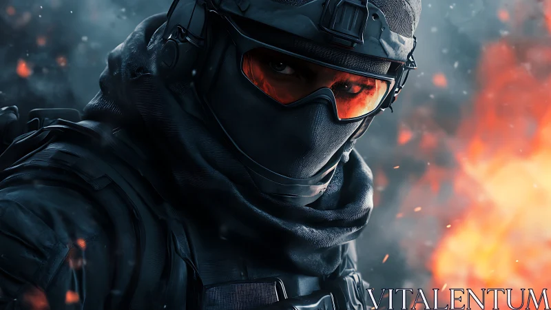 Fierce tactical soldier stands steady against rising flames