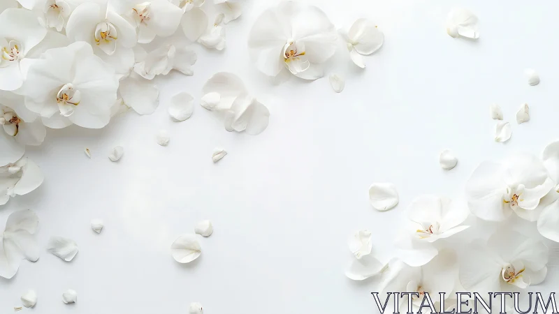 White Orchids and Scattered Petals on Minimalist Surface.