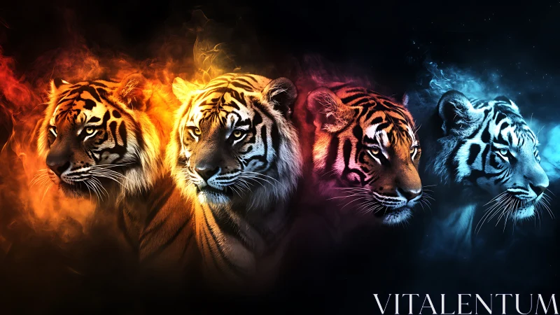 Four Tigers in Elemental Fire and Ice Aura