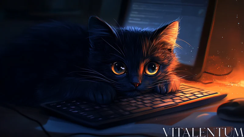 Black cat with glowing amber eyes at illuminated keyboard.