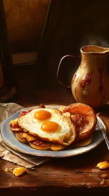 Sunlit farmhouse breakfast glows on rustic wooden table.