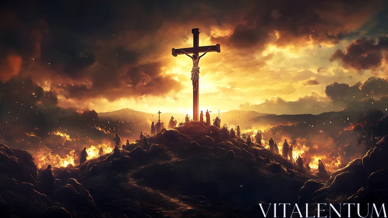 Fiery hilltop cross at dusk with pilgrims in soft glow.