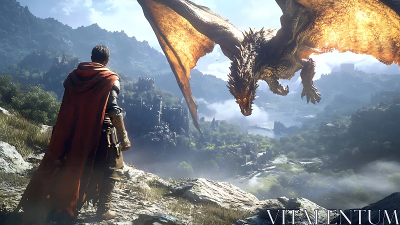 Cloaked wanderer faces sunrise dragon above misted valley.