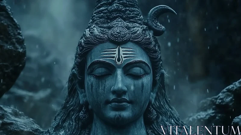 Stone deity portrait under rain with deep cyan tones.