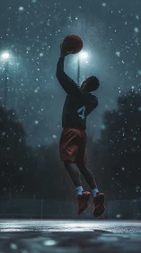 Basketball player jumpshot on wet outdoor court at night.