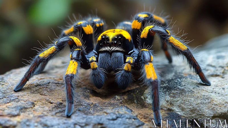Velvet-banded tarantula poised like a neon forest sentinel.