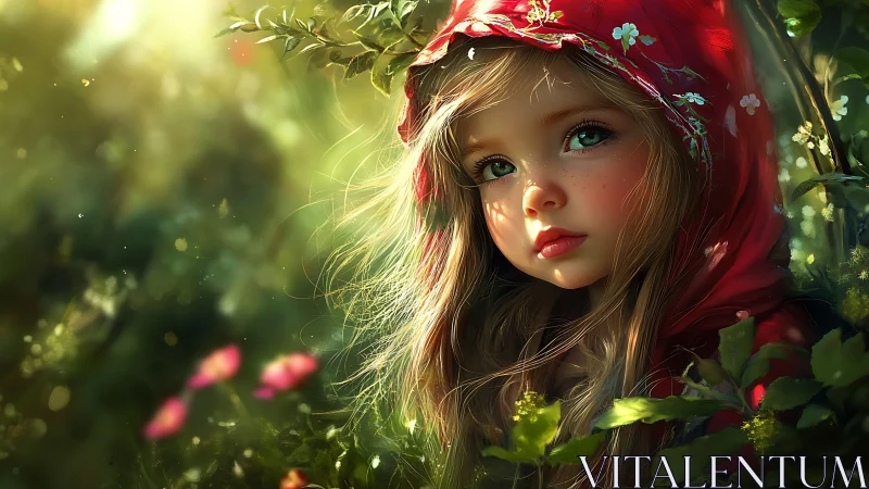 Digital portrait of hooded girl in sunlit forest setting.