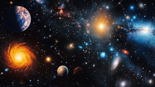 Multi-galaxy deep space panorama with planets and nebulae