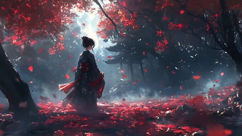 Digital painting of kimono figure in luminous crimson forest.