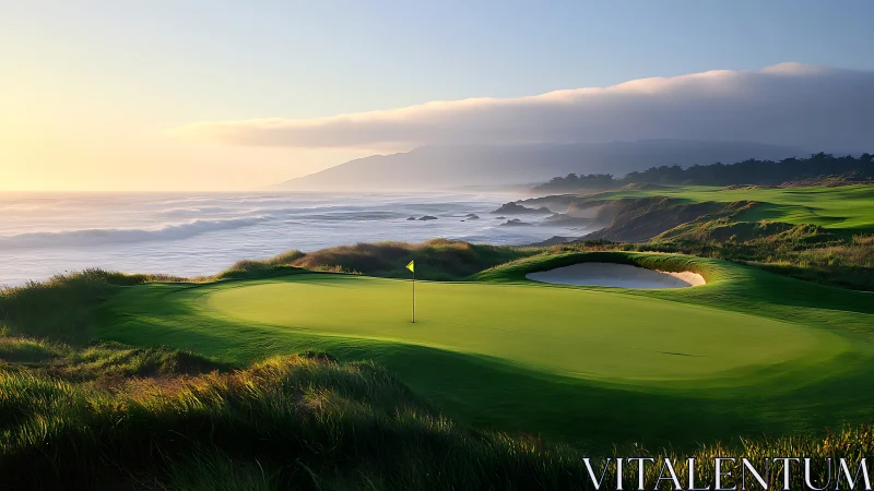 Oceanfront golf green glows in soft coastal sunset light.