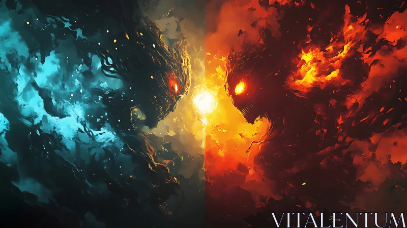 Elemental fire vs ice demons locked in cosmic standoff.