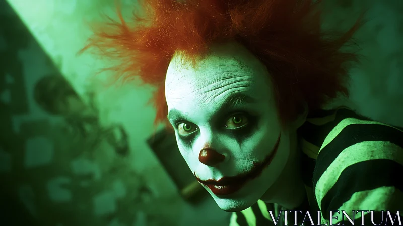 Sinister green-lit clown portrait with wild red hair.