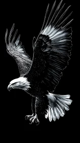 Monochrome digital painting of a descending bald eagle poised.