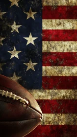 American football leather detail over distressed US flag