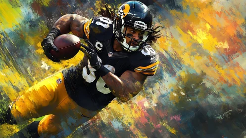 American football runner with ball in abstract color field.