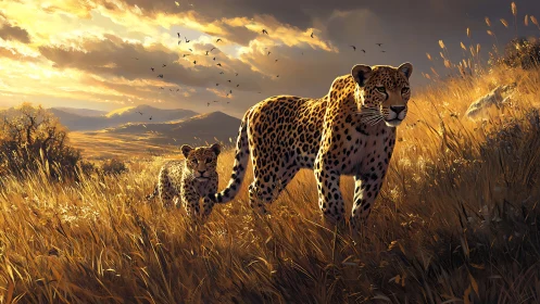 Leopard Mother and Cub in Golden Savanna Light.