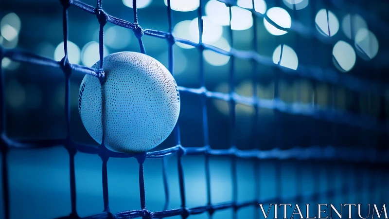 Padel ball wedged in net under cool arena bokeh lighting.