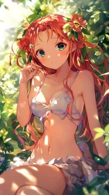 Sunlit forest girl resting softly among glowing leaves.