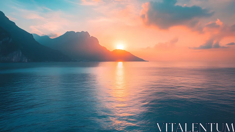 Sunlit coastal mountains glowing over calm pastel waters.