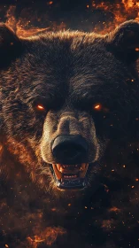 Digital close-up of snarling bear head amid orange sparks.