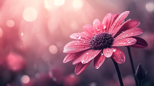 Pink Gerbera Daisy with Hydrophobic Petals and Bokeh Atmospheric Depth.