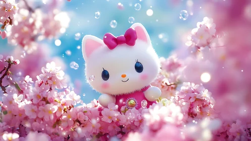 Cute white cartoon cat among pink cherry blossoms.
