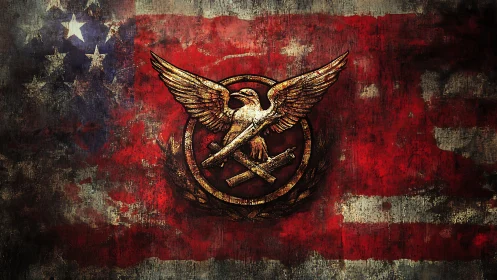 Grunge US flag with gilded eagle crest and crossed rifles.