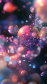 Shimmering rainbow bubbles drifting through dreamy night.