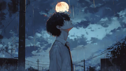 Solitary boy contemplates a rainy night beneath full moon
