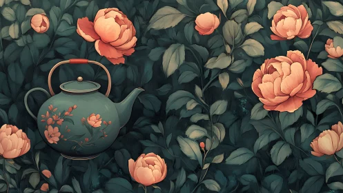 Teal floral teapot rests among lush coral peony blooms