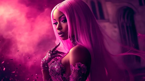 Magenta glam heroine in cinematic pink atmospheric haze.