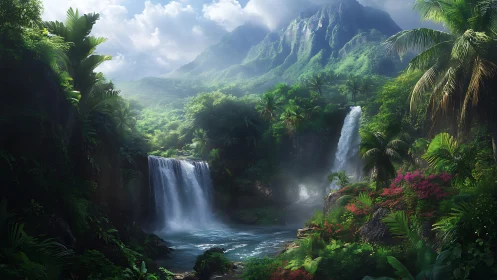 Lush tropical valley with dual waterfalls under misty peaks