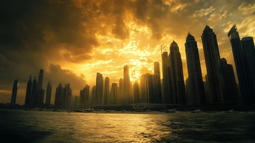 Skyscrapers drink molten sunset light beside a restless sea