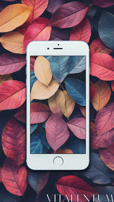 Smartphone centered on multicolored autumn leaves background.