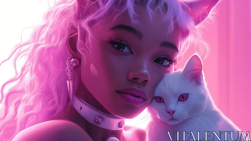 Neon-lit catgirl and white cat share a dreamy magenta glow
