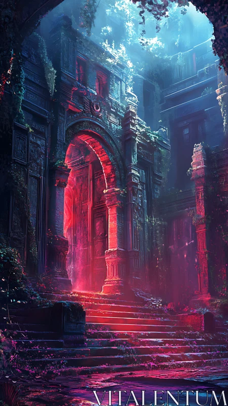 Luminous overgrown ruin with neon portal-lit stone archway.