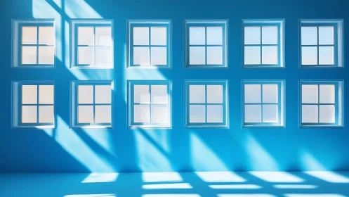 Grid of square windows with strong diagonal light shadows