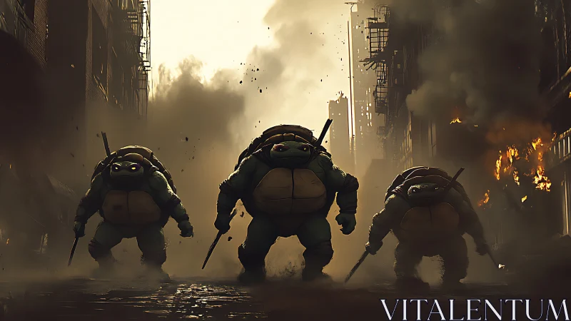 Mutant turtle warriors advancing through ruined city street.