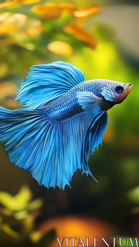 Blue betta fish glides gracefully through soft bokeh water.