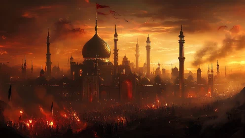 Flaming dusk crowns the golden domes of a besieged city
