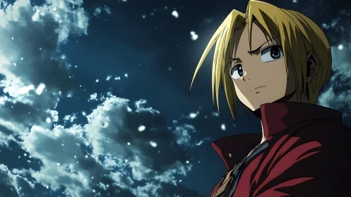 Blond anime protagonist under nocturnal cloudfield snowfall.